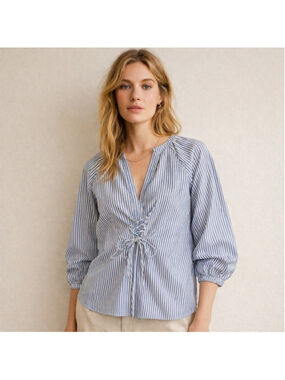 Tibi Striped Lace-Up Waist Poplin Tunic Top Size S